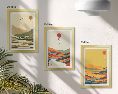 Zestaw 3 obrazów w ramie Kolorowe wzory gór i rzek styl japandi