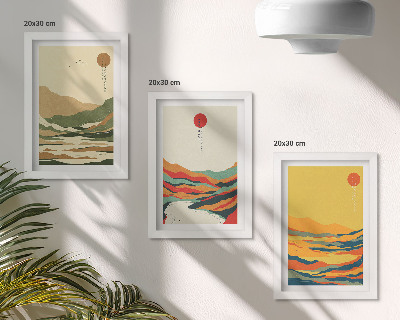 Zestaw 3 obrazów w ramie Kolorowe wzory gór i rzek styl japandi