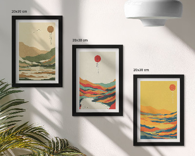 Zestaw 3 obrazów w ramie Kolorowe wzory gór i rzek styl japandi