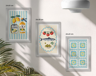 Zestaw 3 obrazów w ramie Ilustracje kuchenne w śródziemnomorskim stylu