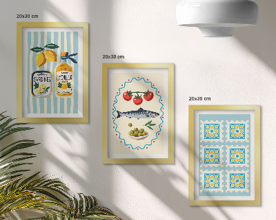 Zestaw 3 obrazów w ramie Ilustracje kuchenne w śródziemnomorskim stylu