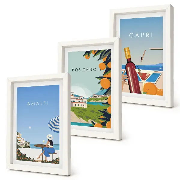 Obrazy Wakacyjne widoki Amalfi Positano i Capri zestaw 3 sztuk w ramie