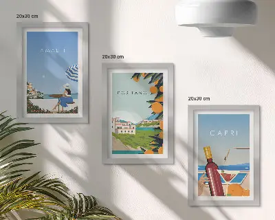 Obrazy Wakacyjne widoki Amalfi Positano i Capri zestaw 3 sztuk w ramie