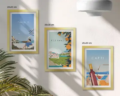 Obrazy Wakacyjne widoki Amalfi Positano i Capri zestaw 3 sztuk w ramie