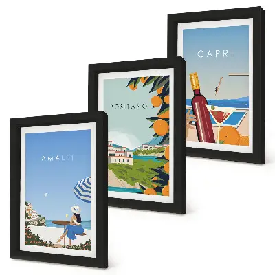 Obrazy Wakacyjne widoki Amalfi Positano i Capri zestaw 3 sztuk w ramie