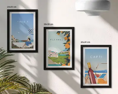 Obrazy Wakacyjne widoki Amalfi Positano i Capri zestaw 3 sztuk w ramie
