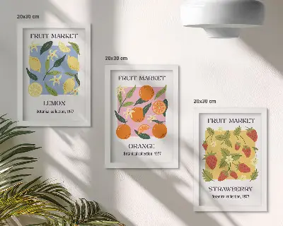 Tryptyk w ramie z motywem owocowym przedstawiającym cytryny pomarańcze i truskawki