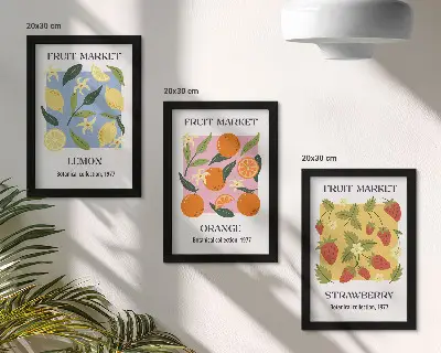 Tryptyk w ramie z motywem owocowym przedstawiającym cytryny pomarańcze i truskawki