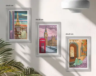 Dekoracja ścienna zestaw obrazów z widokami miast Paryż Londyn i Francja w stylu retro