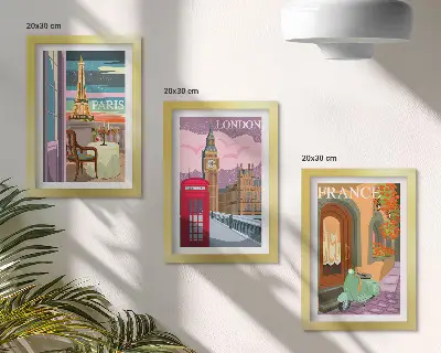 Dekoracja ścienna zestaw obrazów z widokami miast Paryż Londyn i Francja w stylu retro