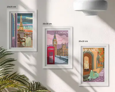 Dekoracja ścienna zestaw obrazów z widokami miast Paryż Londyn i Francja w stylu retro