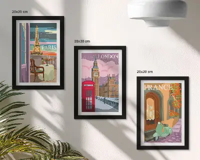Dekoracja ścienna zestaw obrazów z widokami miast Paryż Londyn i Francja w stylu retro