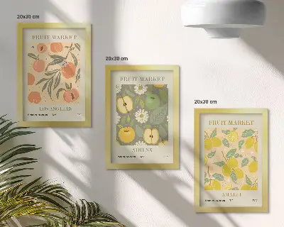 Tryptyk w ramie z owocowymi wzorami plakaty w stylu retro