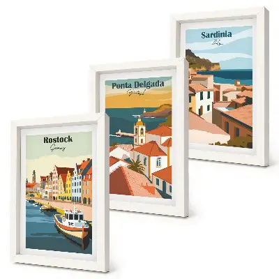 Widoki europejskich miast nadmorskich i portowych tryptyk w ramie