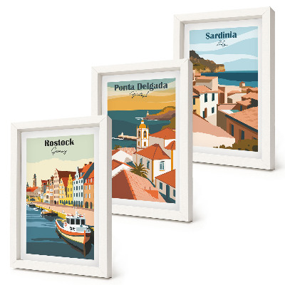 Tryptyk w ramie Widoki europejskich miast nadmorskich i portowych