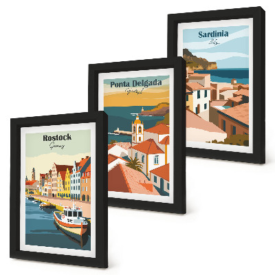 Tryptyk w ramie Widoki europejskich miast nadmorskich i portowych
