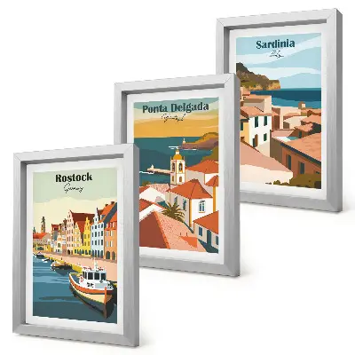 Widoki europejskich miast nadmorskich i portowych tryptyk w ramie