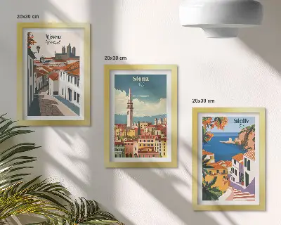Retro ilustracje znanych miast świata zestaw 3 obrazów w ramie