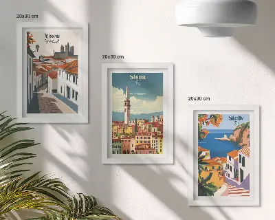 Retro ilustracje znanych miast świata zestaw 3 obrazów w ramie