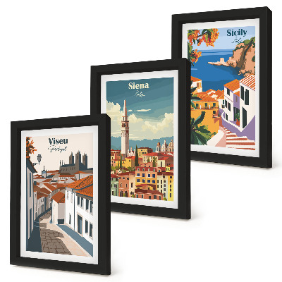 Zestaw 3 obrazów w ramie Retro ilustracje znanych miast świata