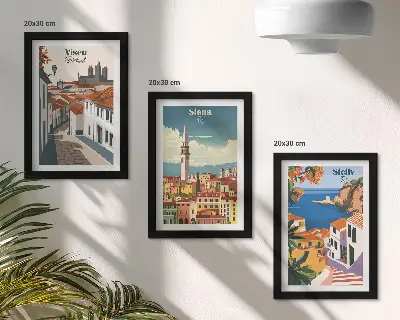 Retro ilustracje znanych miast świata zestaw 3 obrazów w ramie