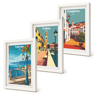 Tryptyk w ramie Popularne miasta w retro ilustracyjnym stylu