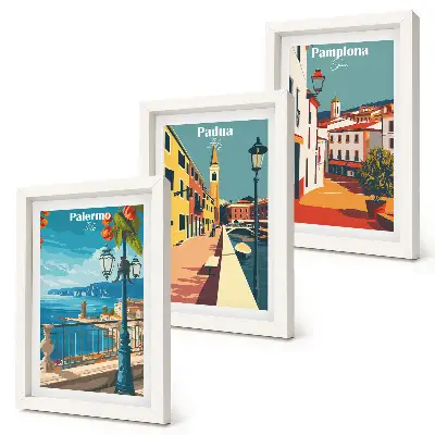 Tryptyk w ramie popularne miasta w stylu ilustracji retro