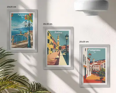 Tryptyk w ramie popularne miasta w stylu ilustracji retro