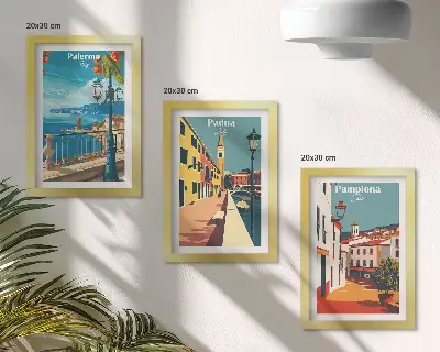 Tryptyk w ramie popularne miasta w stylu ilustracji retro