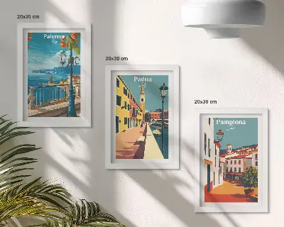 Tryptyk w ramie popularne miasta w stylu ilustracji retro