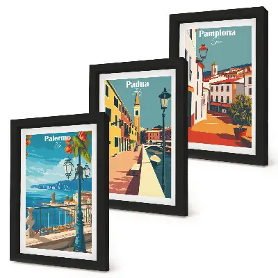 Tryptyk w ramie popularne miasta w stylu ilustracji retro