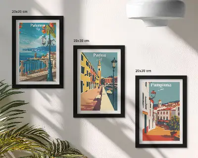 Tryptyk w ramie popularne miasta w stylu ilustracji retro