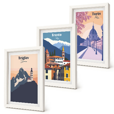 Tryptyk w ramie Góry i architektura retro kolorowe ilustracje