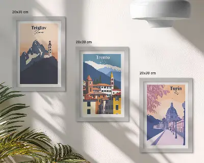 Tryptyk w ramie Góry i architektura retro kolorowe ilustracje