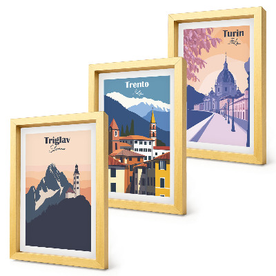 Tryptyk w ramie Góry i architektura retro kolorowe ilustracje