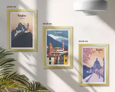 Tryptyk w ramie Góry i architektura retro kolorowe ilustracje