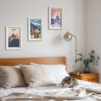 Tryptyk w ramie Góry i architektura retro kolorowe ilustracje