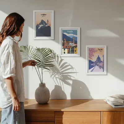 Tryptyk w ramie Góry i architektura retro kolorowe ilustracje