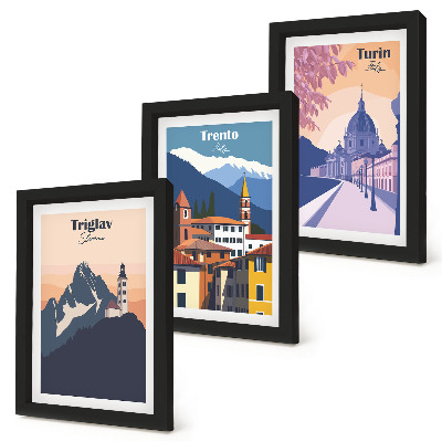 Tryptyk w ramie Góry i architektura retro kolorowe ilustracje