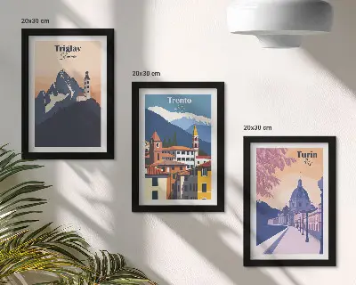 Tryptyk w ramie Góry i architektura retro kolorowe ilustracje