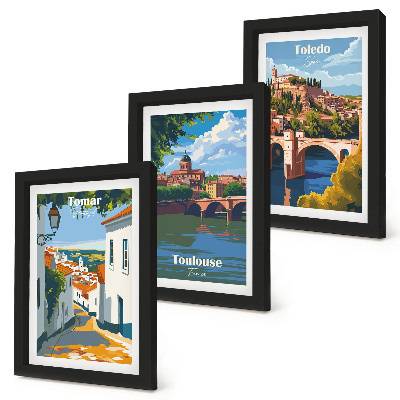 Dekoracja ścienna zestaw obrazów Grafiki znanych miast w stylu retro