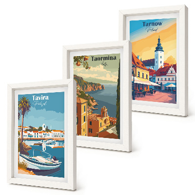 Zestaw 3 obrazów w ramie Widoki miast nadmorskich i ich architektura