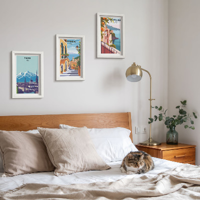 Dekoracja ścienna zestaw obrazów Kolorowe ilustracyjne widoki miast w stylu retro