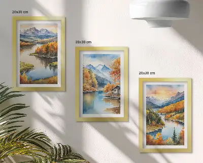 Tryptyk w ramie jesienne krajobrazy górskie z rzeką i domkiem nad wodą