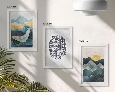 Zestaw 3 obrazów w ramie abstrakcyjne pejzaże górskie z inspirującym napisem