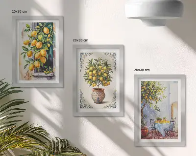 Cytrynowe drzewa i owoce w słonecznej scenerii tryptyk w ramie