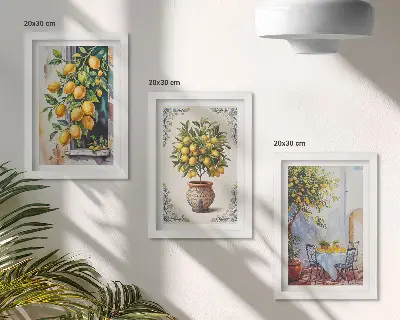 Cytrynowe drzewa i owoce w słonecznej scenerii tryptyk w ramie