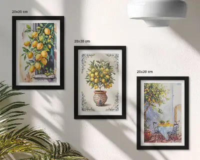 Cytrynowe drzewa i owoce w słonecznej scenerii tryptyk w ramie