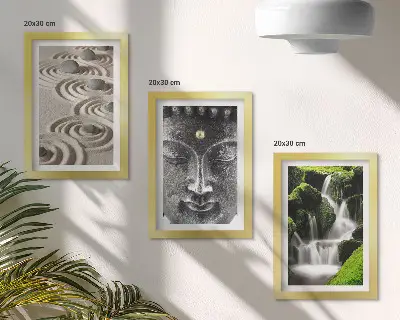 Zestaw 3 obrazów w ramie Spokój natury z kamieniami wodospadem i Buddą