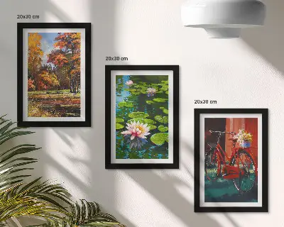 Tryptyk w ramie kolory jesieni ze stawem z liliami i rowerem na tarasie